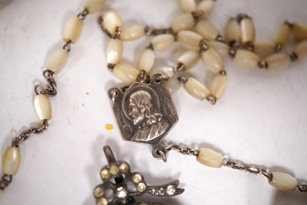 A small quantity of assorted mainly costume jewellery and other items, including a paste set buckle, two cut steel ornaments, a 10k and cultured pearl set ring, enamelled pencil, tortoiseshell lorgnettes, an Edward I Iri